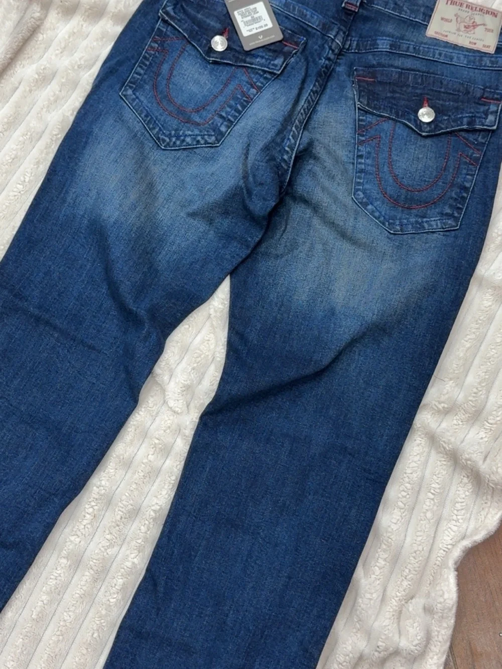 True Religion Men’s dark gloom Denim Jeans with Red Stitching